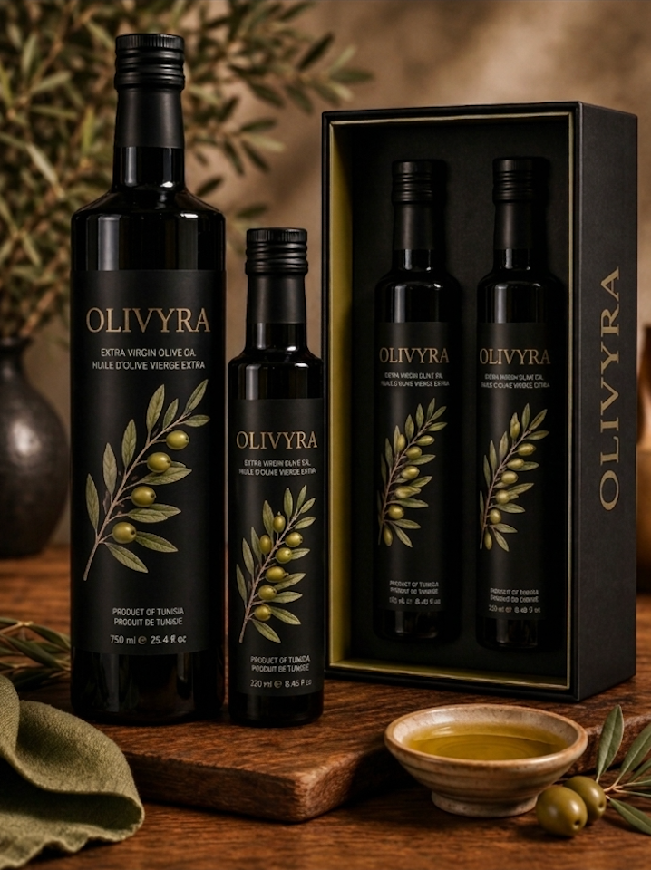 Olivyra extra virgin olive oil bottles and gift box — 750 ml, 250 ml, and two-bottle set